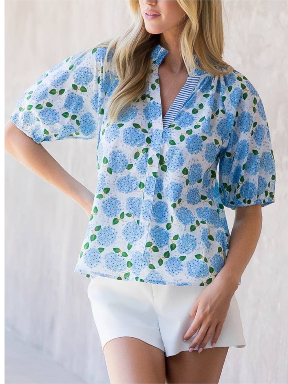Blue Hydrangea Short-Sleeve Smocked Neck Top - Picture 2 of 3